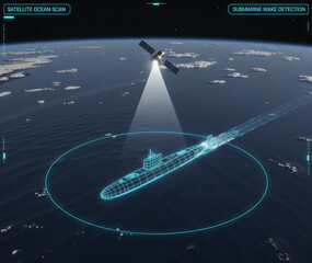military satellite detects a submerged wireframe submarine in the ocean via an underwater scan and wake detection system, shown on a digital surveillance interface.