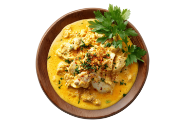 Peruvian Aji de Gallina served in wooden bowl, garnished with eggs and herbs isolated on white transparent background. Concept of South American cuisine