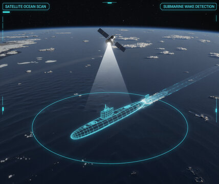 military satellite detects a submerged wireframe submarine in the ocean via an underwater scan and wake detection system, shown on a digital surveillance interface.