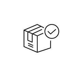 Package box and checkmark. Completed shipment, delivery and return. Pixel perfect, editable stroke vector icon