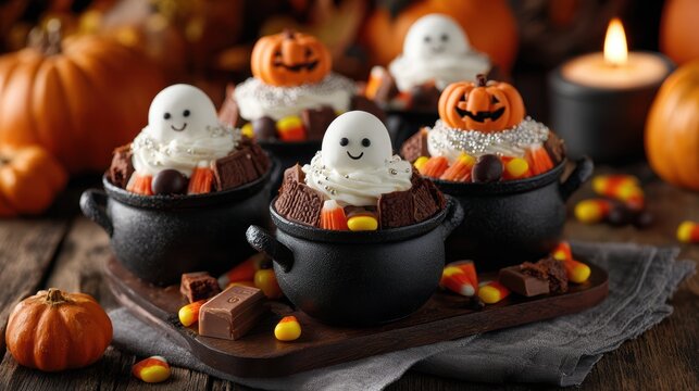 Festive Halloween treats in cauldron shaped bowls featuring ghosts pumpkins candy corn and chocolate on a rustic wooden surface
