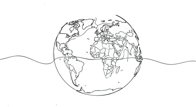 A minimalist line drawing of planet Earth with a flowing wave across its surface, symbolizing global connection and environmental themes