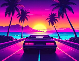 Retro road trip sunset view