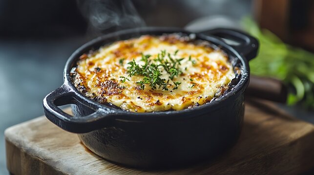 Delicious shepherds pie served in a small cast iron pot on a wooden board, garnished with fresh thyme and ready to be enjoyed for dinner - Powered by Adobe