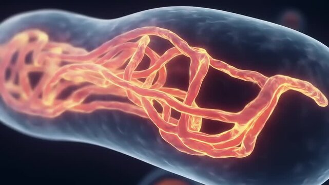 Microscopic view of intertwined cellular structures glowing with vibrant colors in a dark background