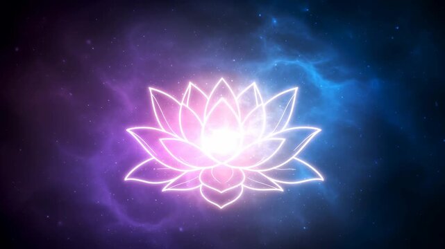 Glowing lotus flower against a cosmic nebula background expanding and pulsating for meditation footage