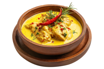 Aji de Gallina creamy Peru poached chicken coated in a spicy and creamy nut-based sauce, herbs, and walnuts served in wooden bowl isolated on white background, concept of South American Cuisine