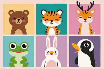 Cute animal characters in pastel squares flat design illustration
