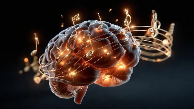 Brain symphony: An artistic depiction of the human brain intertwined with musical notes, conveying the interplay of cognition and melody