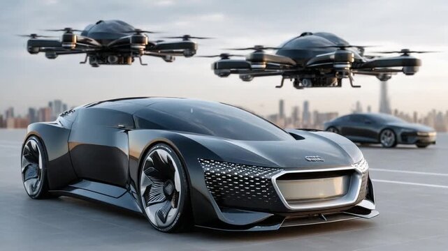 Futuristic Car with Drone : A sleek, modern car design combined with advanced drone technology, creating a vision of a technologically advanced transportation future.