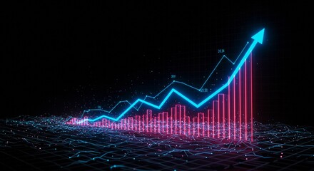A futuristic stock market graph rising upward, glowing neon lines and light effects, abstract dark dimensional background with pattern grid, high-tech visualization, bright illumination, 4K ultra 