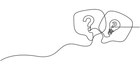 Quick tips, Continuous one line drawing of question mark and speech bubble, Quick tips concept in one line, Hand-drawn vector with light bulb, question mark, and speech bubbles,.