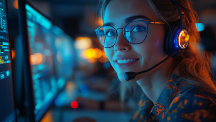 Woman with glasses and headset in front of computer screen illuminated with blue and orange light