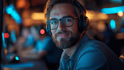 Man with glasses and headset smiles in a gaming environment with blurred background and blue lighting
