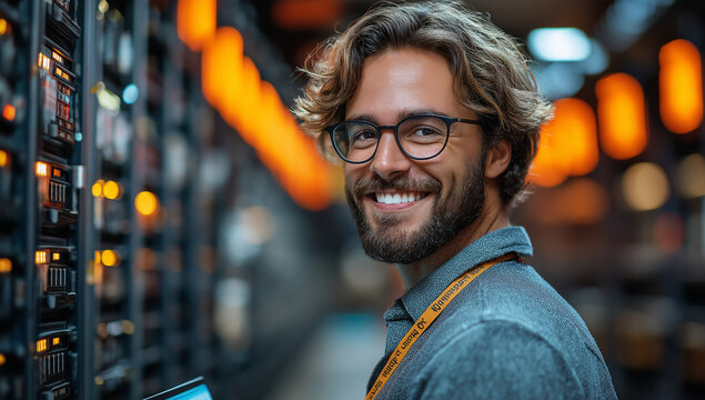 Man smiling in server room with glasses and lanyard standing near server racks and orange lights