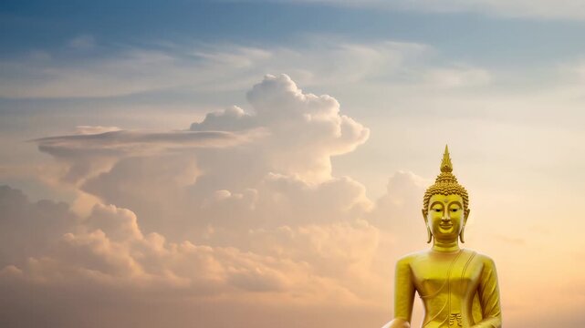 Golden buddha statue against a changing sky background, reflecting spiritual tranquility and the passage of time in footage