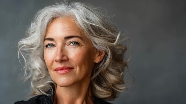Silver-Haired Serenity: A captivating portrait of a mature woman, her expressive eyes and radiant smile revealing a lifetime of wisdom and quiet strength, set against a serene backdrop.