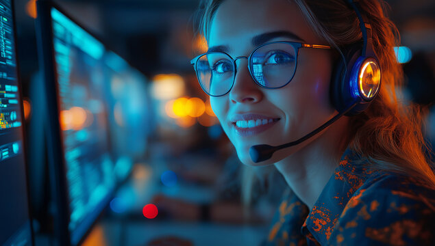Woman with glasses and headset in front of computer screen illuminated with blue and orange light