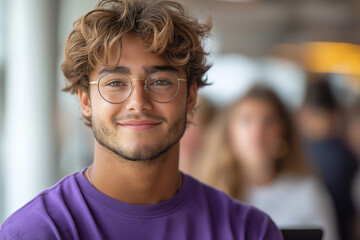 A young man with curly hair and glasses smiling at the camera in a purple shirt with blurred background