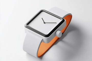Wristwatch featuring a square, white face with black hands and a white strap with an orange lining, embodying simplicity