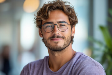 Portrait of a man with curly hair and glasses smiling softly in a casual setting indoors light