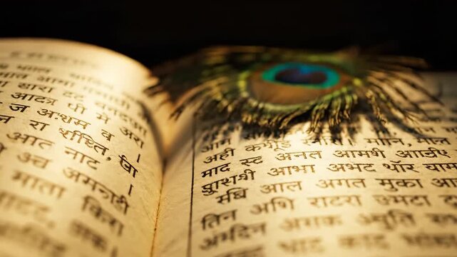 Sacred Bhagavad Gita with Peacock Feather Symbolizing Spirituality and Wisdom for Geeta Jayanti Celebrations