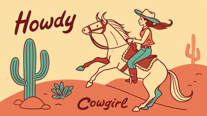 Vibrant vintage illustration of a classic cowgirl scene with rustic elements and bold colors