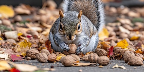 Gray Squirrel Foraging for a Nut Amidst Vibrant Autumn Leaves in a Serene Fall Forest Scene