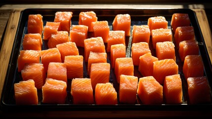 Raw salmon cubes arranged on a dark baking sheet under natural sunlight, showcasing the vibrant orange and pink hues of the fresh seafood, preparing for culinary creations, presenting an appealing...
