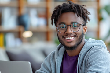 Portrait of a smiling young african american man with glasses and dreadlocks near a laptop indoors