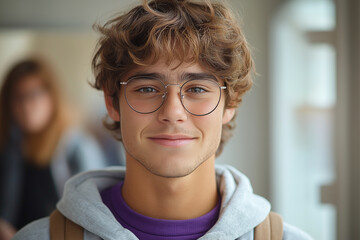 Close up portrait of a smiling young man with curly hair wearing glasses and a hoodie indoors looking ahead
