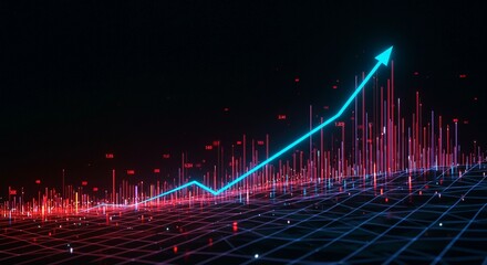 A futuristic stock market graph rising upward, glowing neon lines and light effects, abstract dark dimensional background with pattern grid, high-tech visualization, bright illumination, 4K ultra 