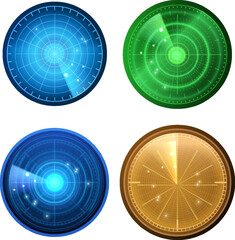 Realistic digital different colors HUD radar display, sonar in searching with targets, navigation system blip vector set