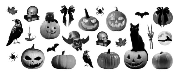 Vintage Halloween collage elements set. Halftone textured silhouettes of scary pumpkins, skull, cat, bats, ravens, spiders, candle, crow. Spooky atmospere stickers. Gothic clipart.