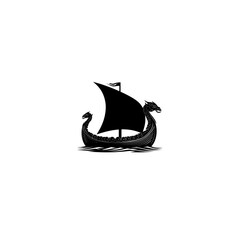 A stylized black Viking longship with dragon heads, sailing on a white background