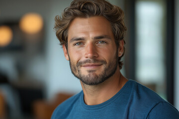 Portrait of a man with curly hair and a beard wearing a blue shirt looking at the camera indoors