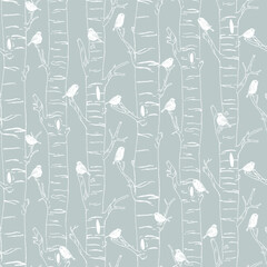 A serene seamless pattern featuring delicate hand-drawn birds perched on birch tree branches. The minimalist line art and soft muted colors evoke calm woodland charm and Scandinavian simplicity.