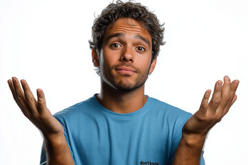 Man with curly hair and a blue shirt shrugging his shoulders on a white background with a confused expression