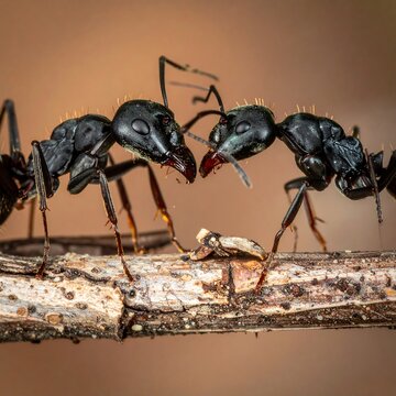 Two ants facing each other on a twig, close-up