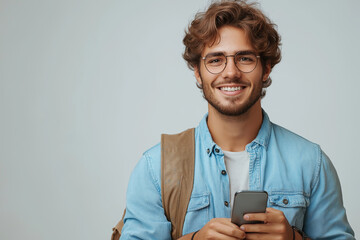 A smiling man with curly hair and glasses holding a phone wearing a blue shirt and brown backpack