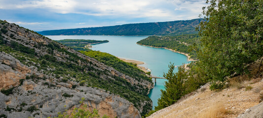 Landscape gorge view of St Croix Lake, entrance Les Gorges du Verdon river in provence france
