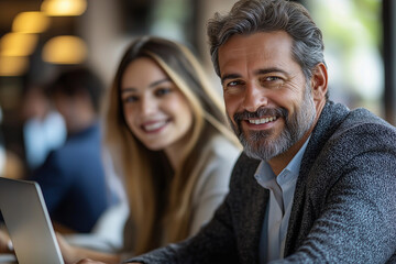 Man with gray beard smiling at camera with woman and laptop in soft focus background indoors