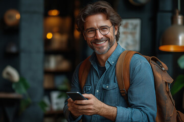 Man with glasses and backpack smiles while looking at his phone in a cozy indoor setting