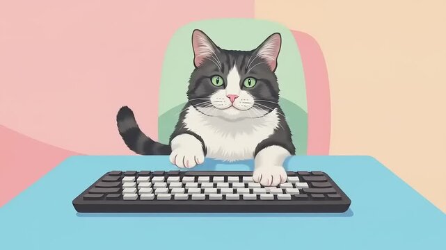 Playful cat typing on a keyboard while sitting at a colorful desk in a cozy home office
