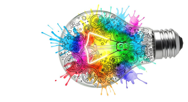 A lightbulb shattering into a vibrant splash of colorful paint, a concept for a burst of creativity or a brilliant idea.