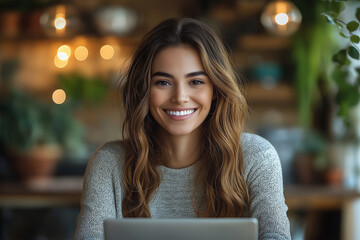 Portrait of a smiling woman with wavy brown hair in a gray sweater using a laptop indoors at a cafe