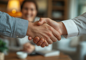 A close up of two people shaking hands in an office setting with a woman in the background smiling