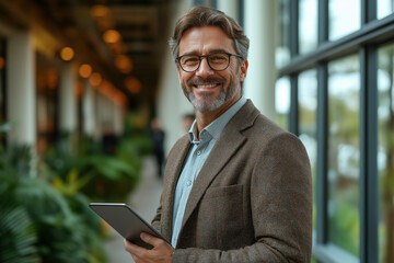 Smiling man in a blazer holding a tablet in a bright hallway with greenery and large windows nearby