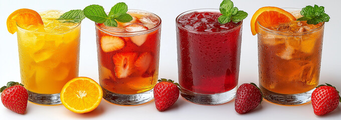 Four glasses of colorful beverages garnished with fruits and mint leaves on a white background