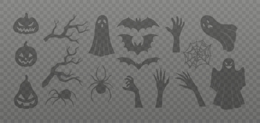 Halloween shadows vector set, scary ghost, bat, zombie hand, pumpkin with a devil face, spider cobweb spooky silhouettes